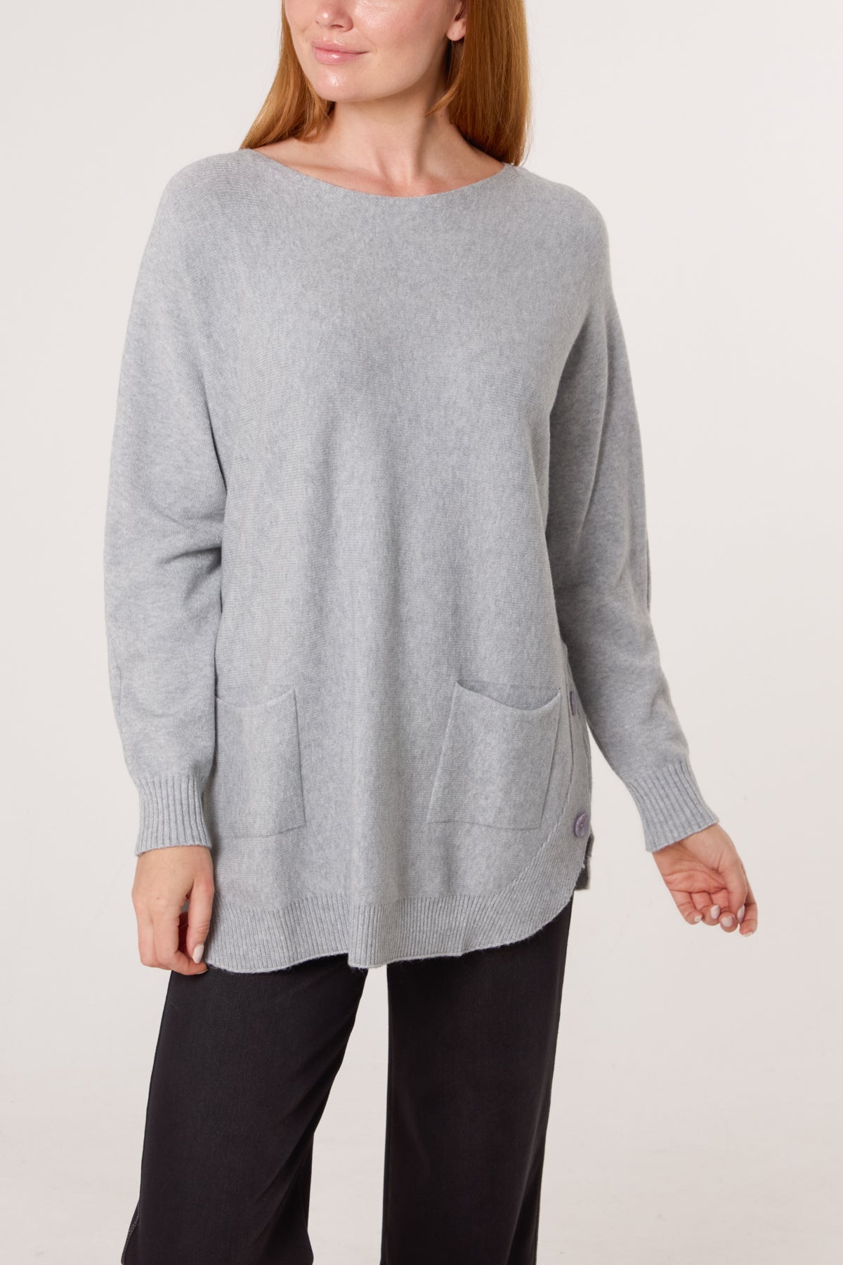 Pocket & Side Button Slash Neck Jumper