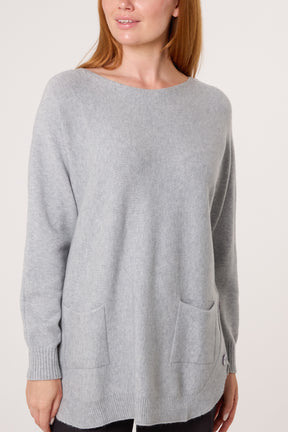 Pocket & Side Button Slash Neck Jumper