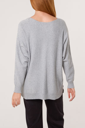 Pocket & Side Button Slash Neck Jumper