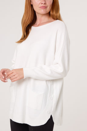 Pocket & Side Button Slash Neck Jumper