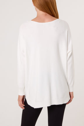 Pocket & Side Button Slash Neck Jumper