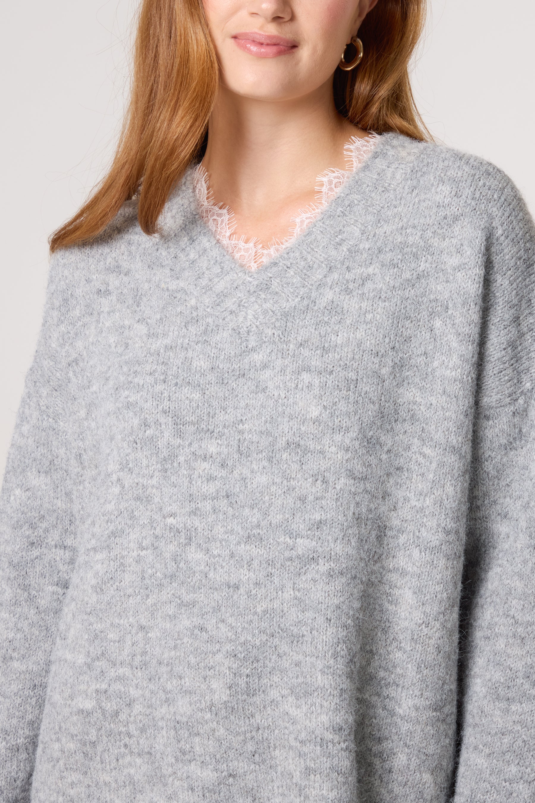 Lace Trim Fluffy Knit V-Neck Jumper