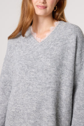 Lace Trim Fluffy Knit V-Neck Jumper