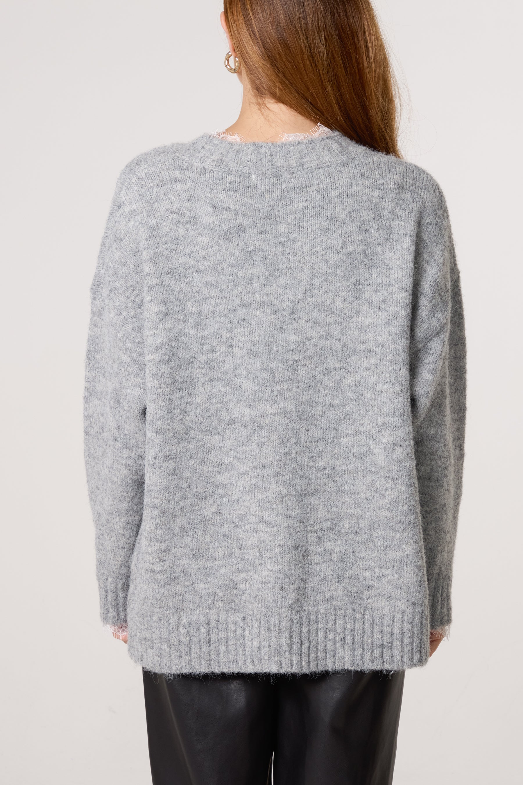 Lace Trim Fluffy Knit V-Neck Jumper