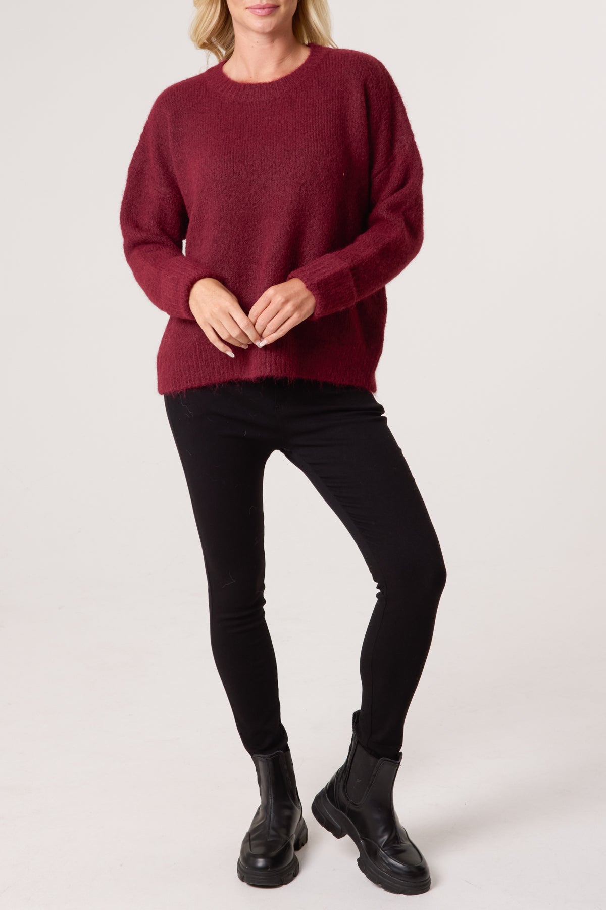 Roll Sleeve Crew Neck Knit Jumper