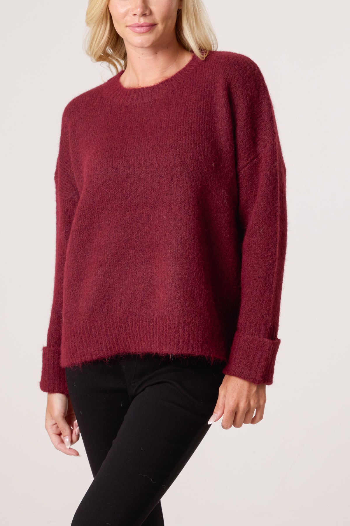 Roll Sleeve Crew Neck Knit Jumper