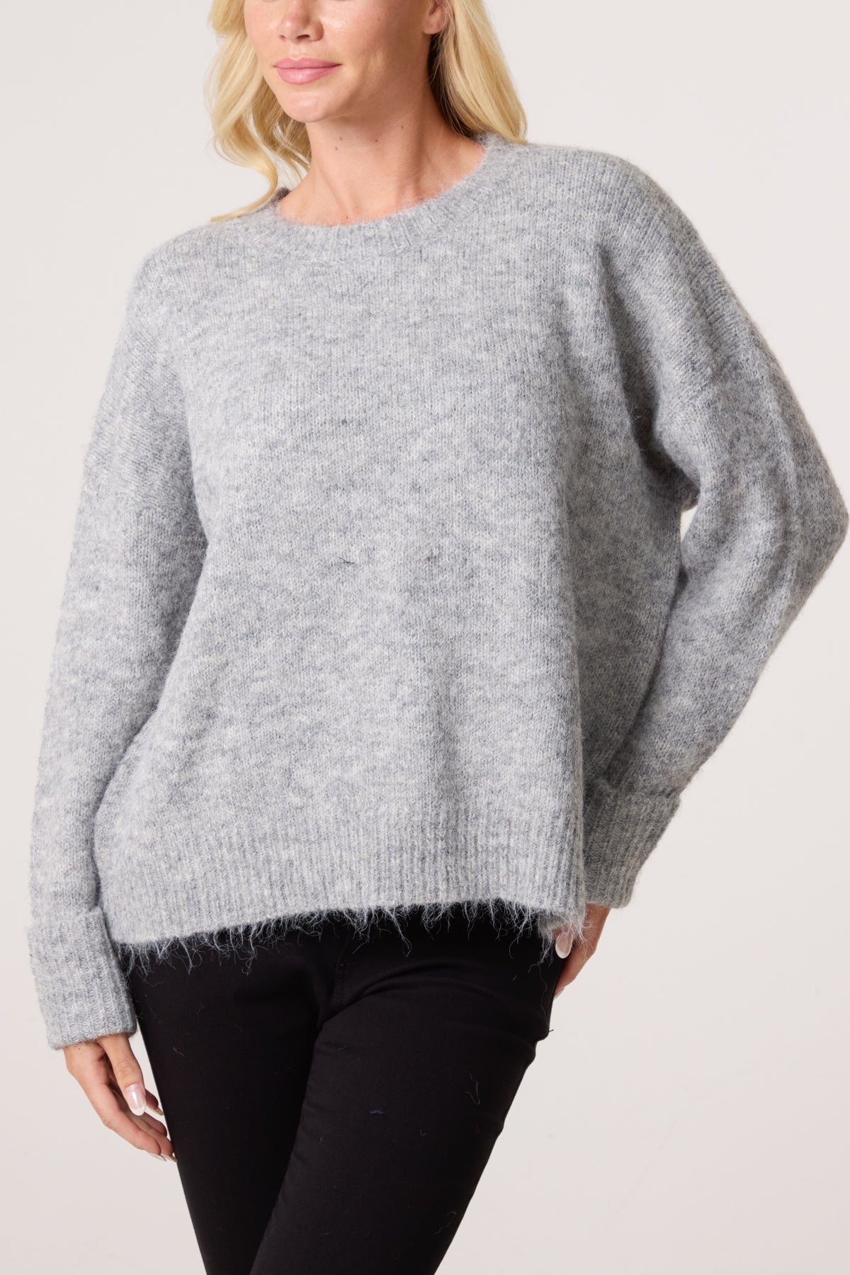 Roll Sleeve Crew Neck Knit Jumper