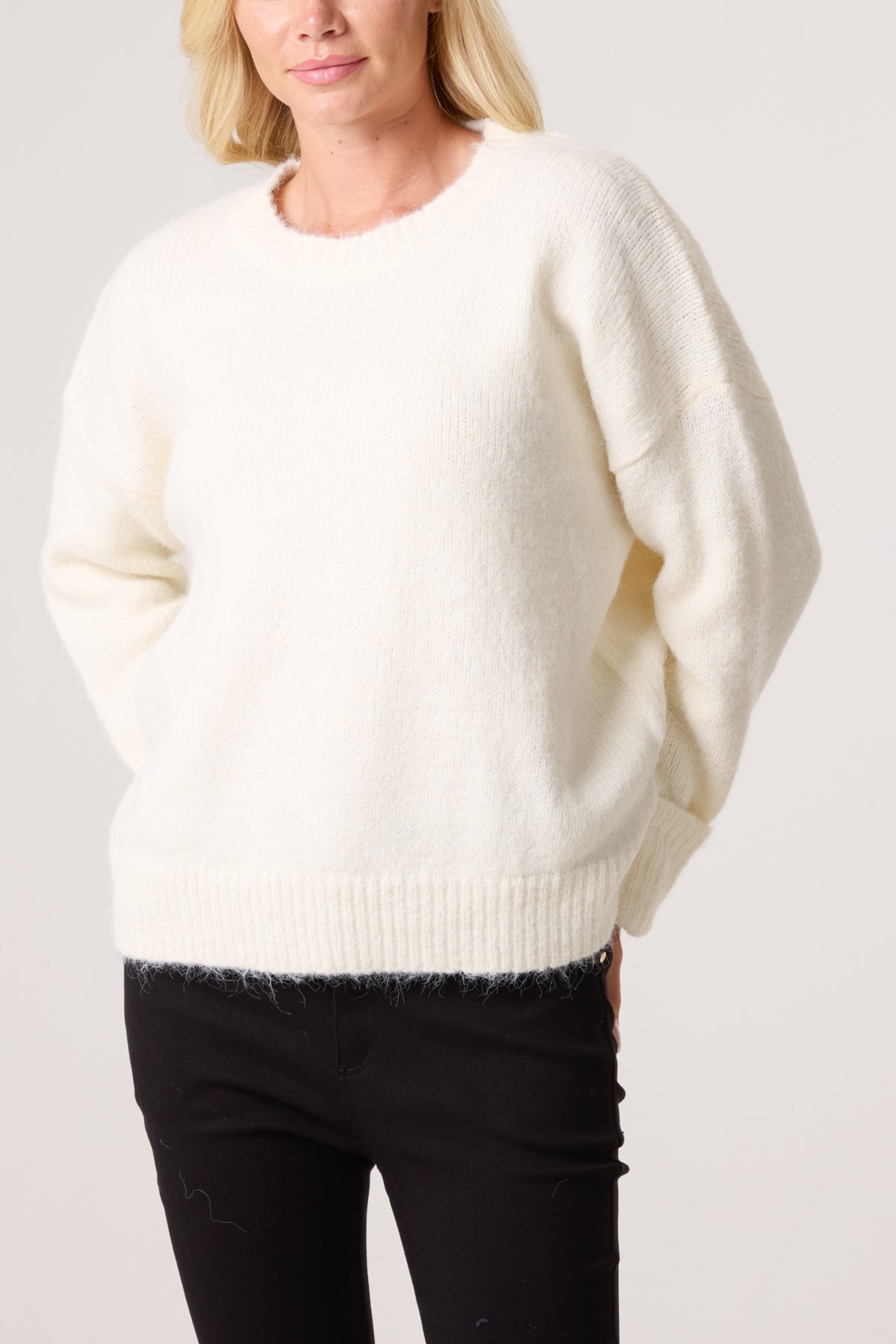 Roll Sleeve Crew Neck Knit Jumper