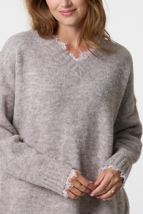 Lace Trim Fluffy Knit V-Neck Jumper