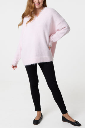 Lace Trim Fluffy Knit V-Neck Jumper