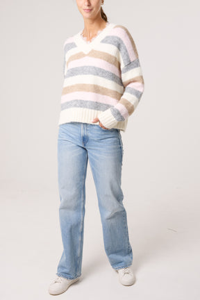 Striped Lace Trim V-Neck Jumper