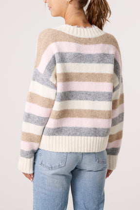 Striped Lace Trim V-Neck Jumper