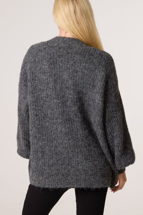Wool Ribbed Knit Balloon Cardigan