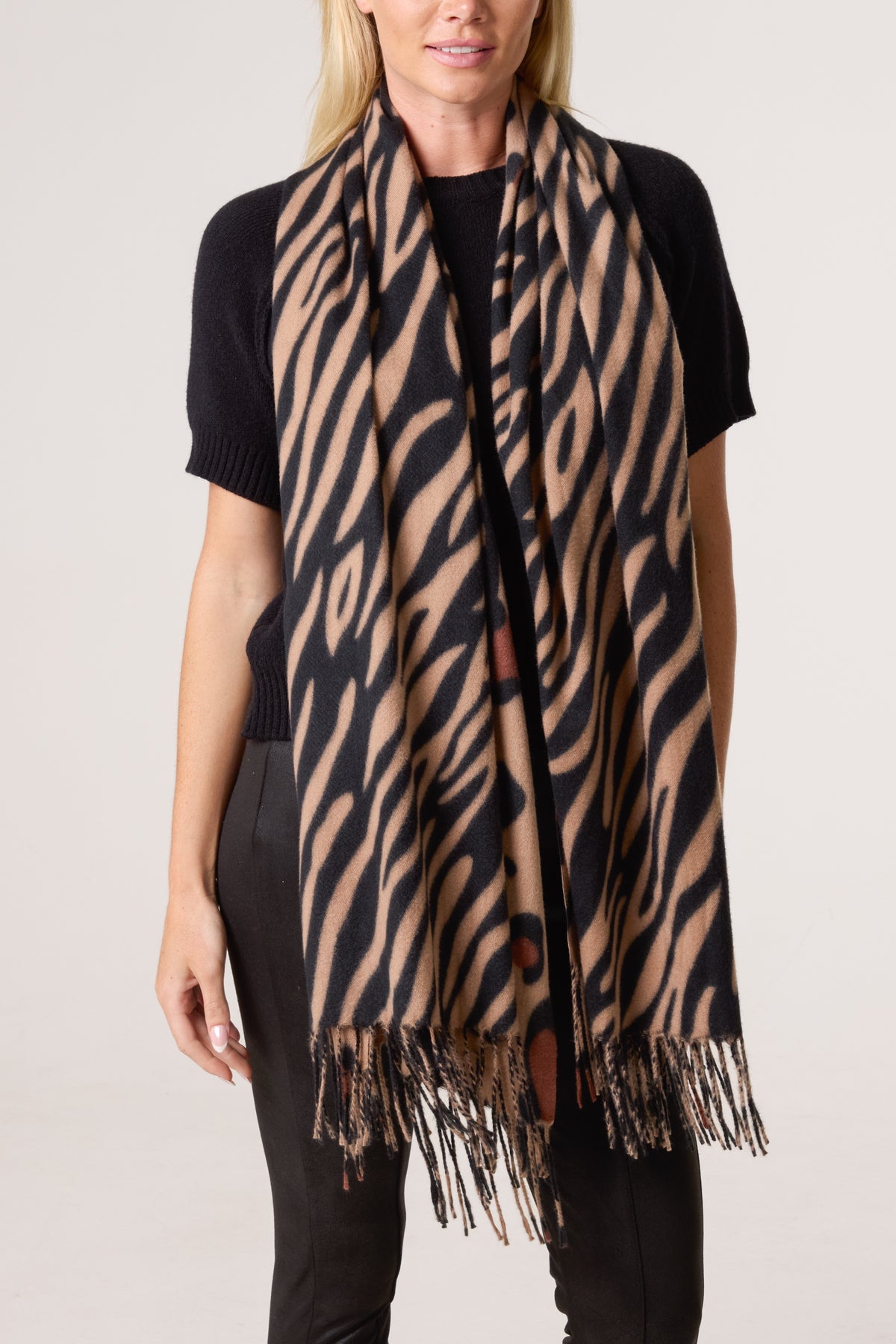 Zebra & Leopard Reversible Tassel Scarf