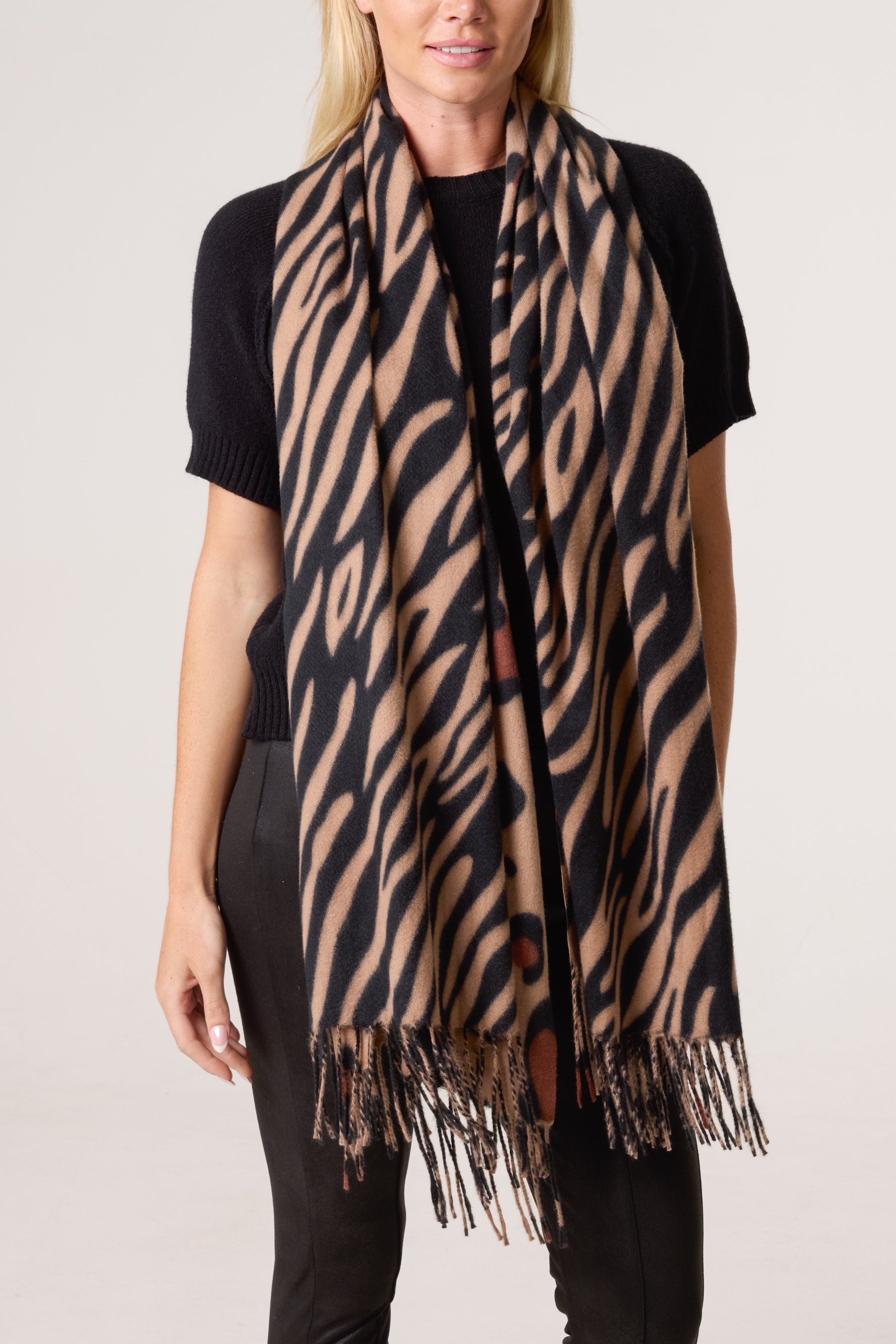 Zebra & Leopard Reversible Tassel Scarf