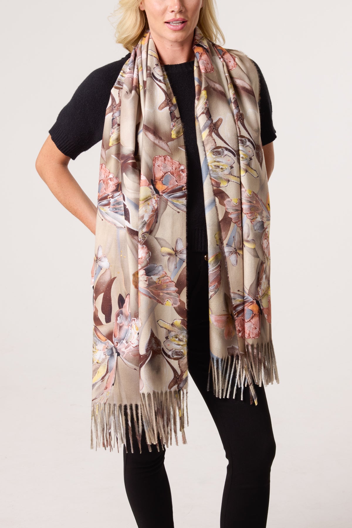 Colourful Butterfly Print Tassel Scarf