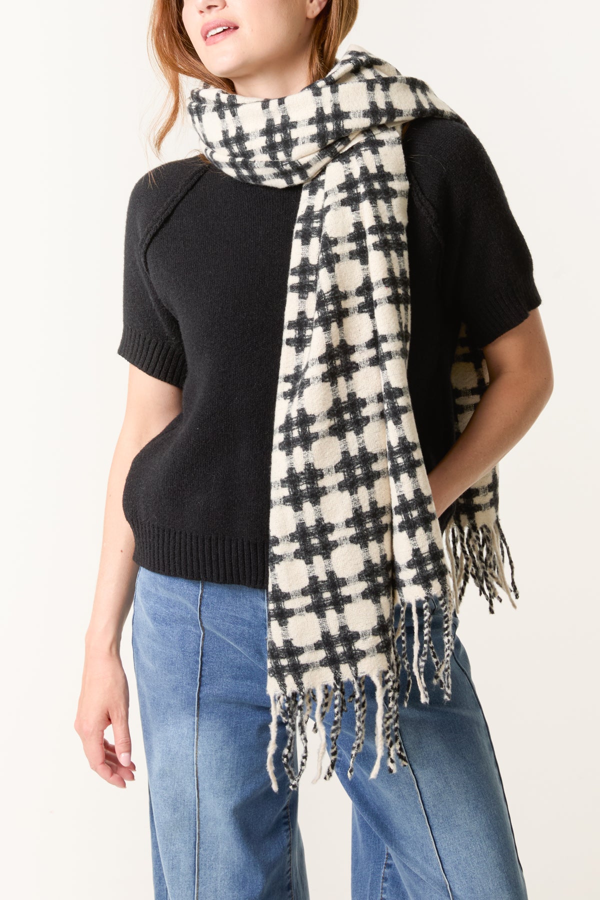 Check Soft Knit Tassel Scarf