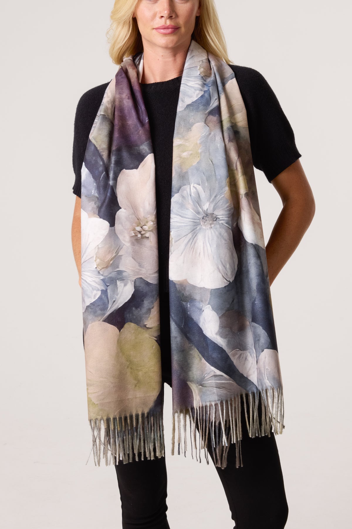 Watercolour Floral Print Tassel Scarf