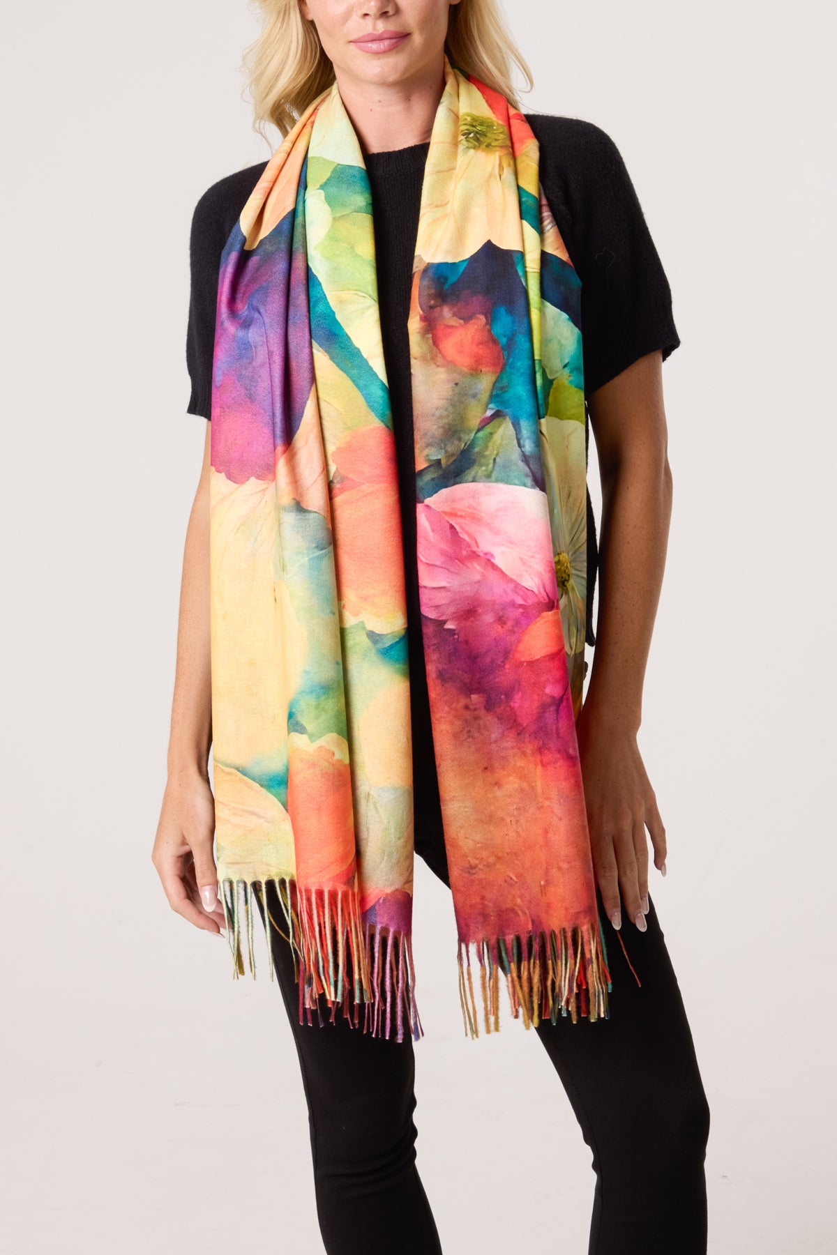 Watercolour Floral Print Tassel Scarf