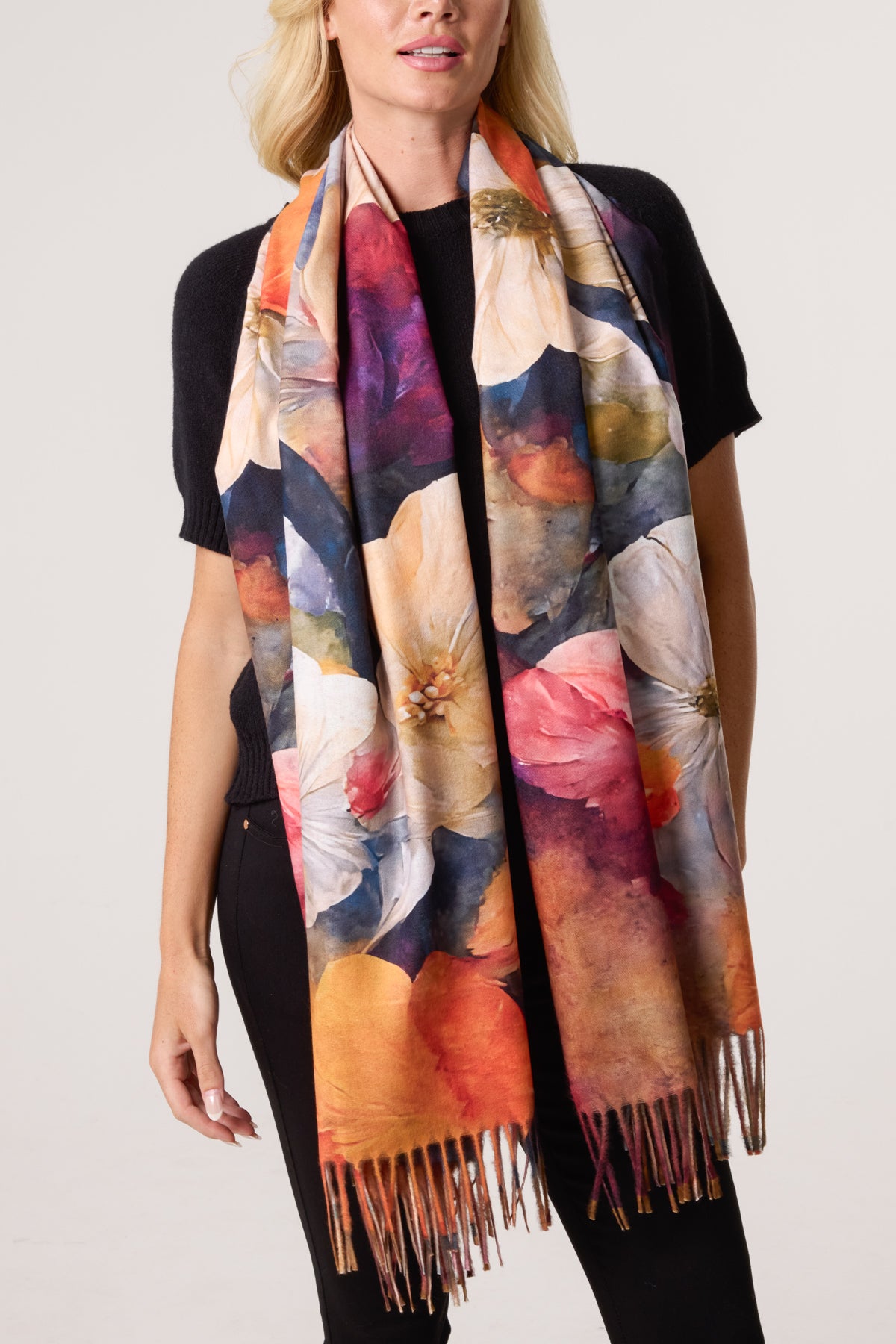 Watercolour Floral Print Tassel Scarf