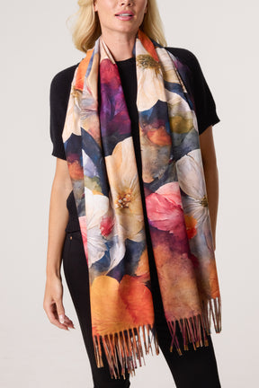 Watercolour Floral Print Tassel Scarf