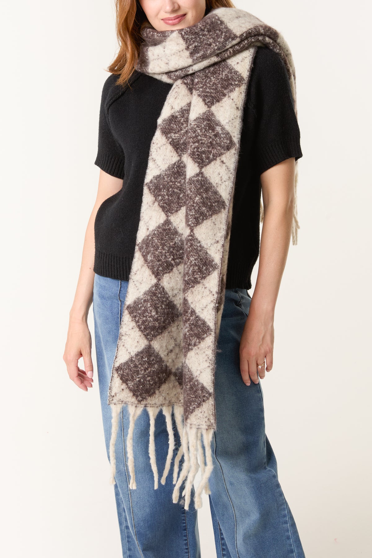 Argyle Fluffy Knit Tassel Scarf