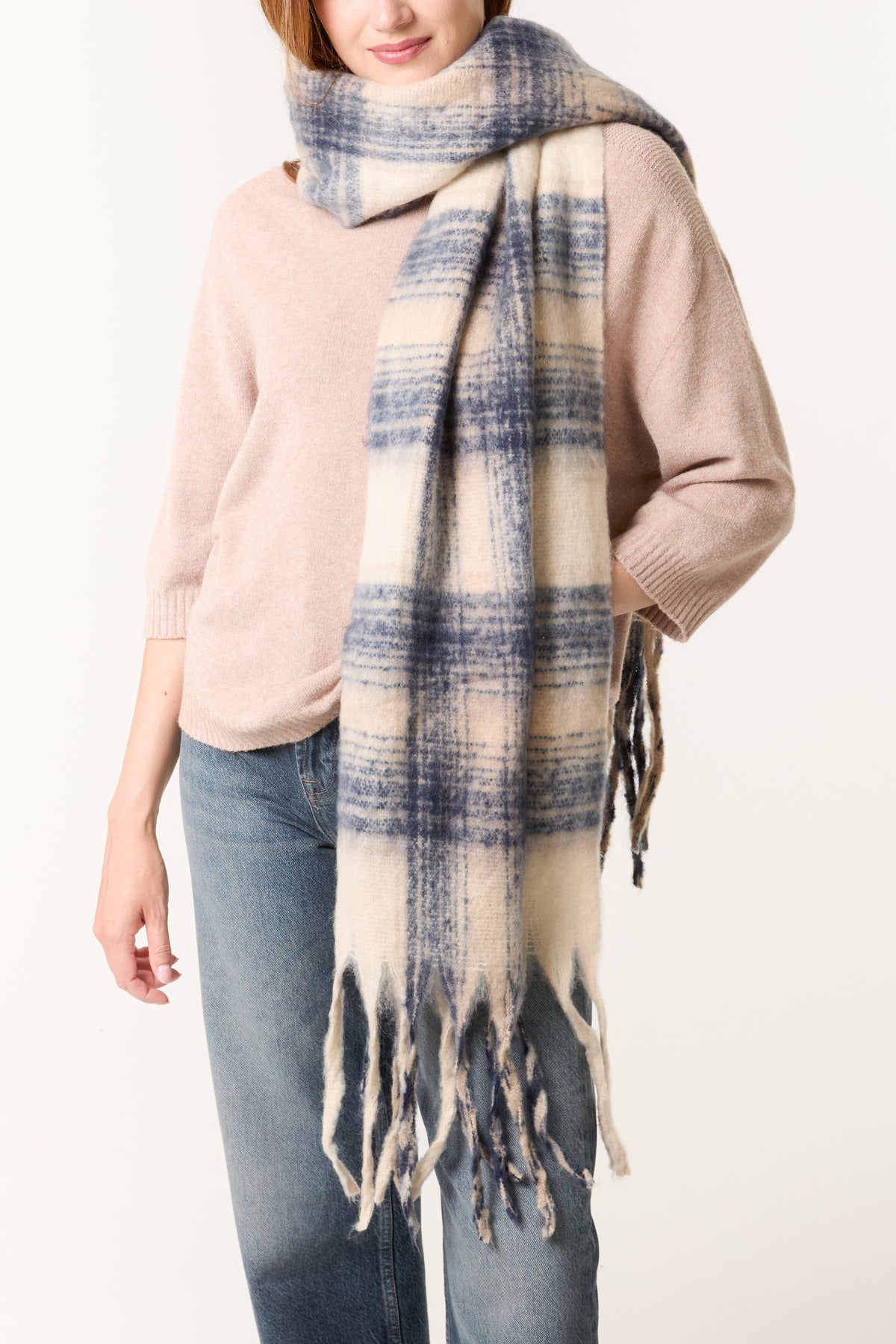 Fluffy Knit Tartan Tassel Scarf