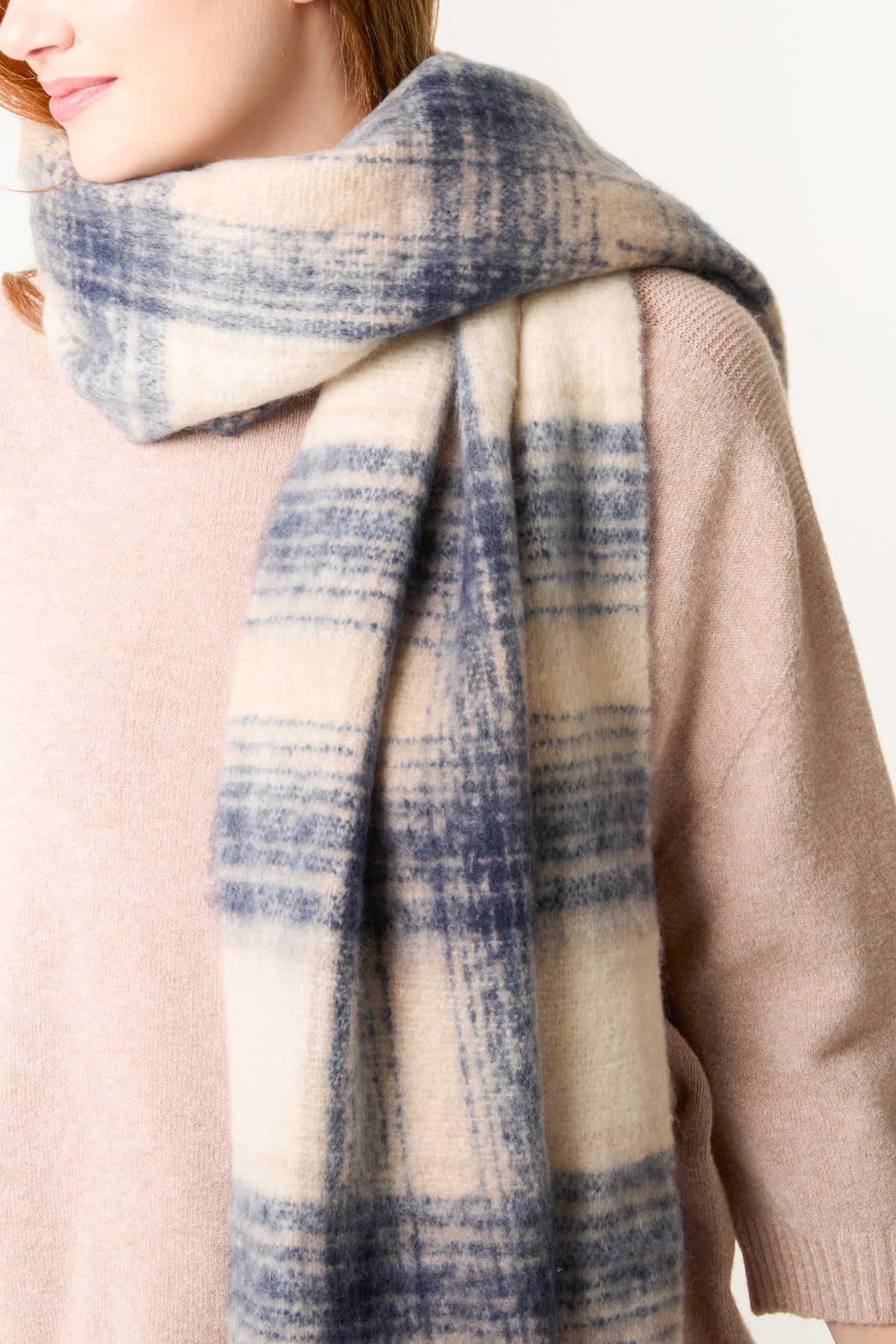 Fluffy Knit Tartan Tassel Scarf