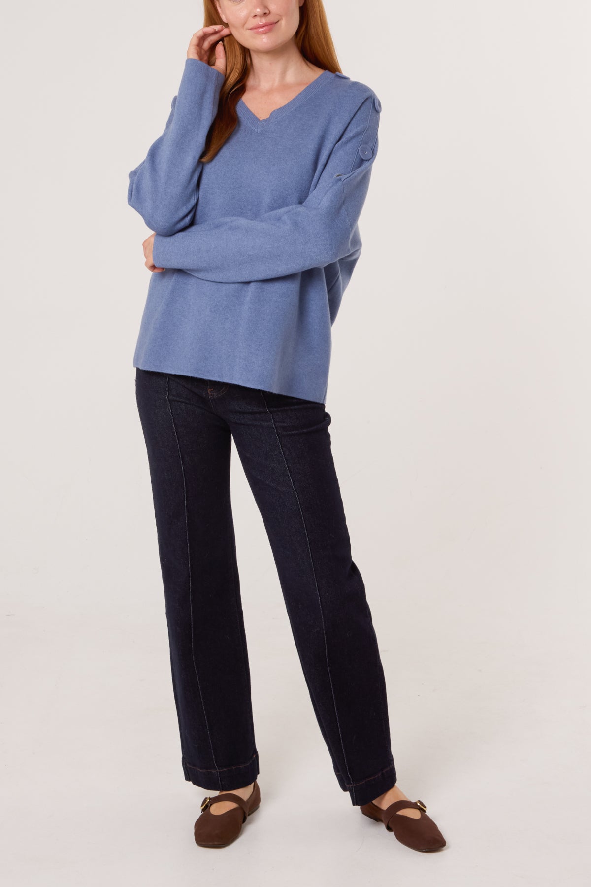 V-Neck Button Sleeve Knit Jumper