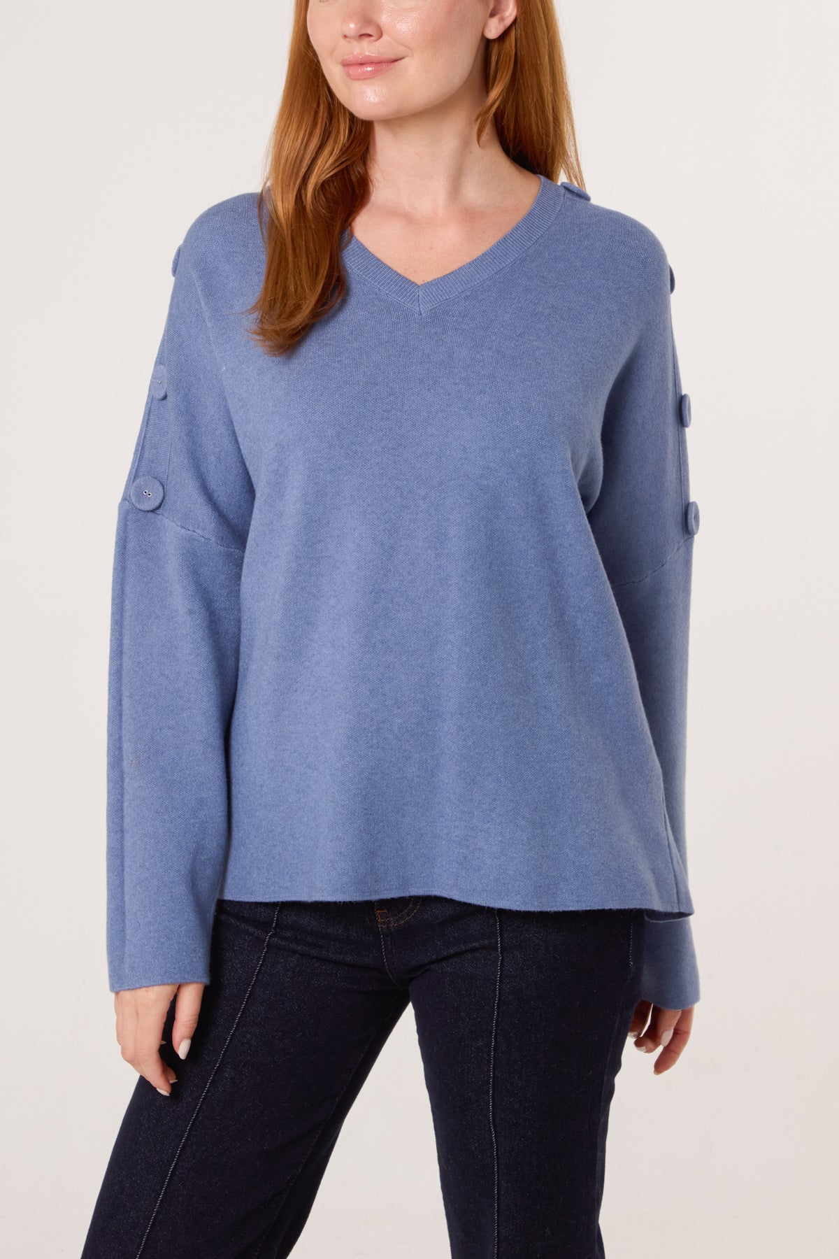 V-Neck Button Sleeve Knit Jumper