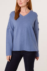 V-Neck Button Sleeve Knit Jumper