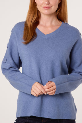 V-Neck Button Sleeve Knit Jumper