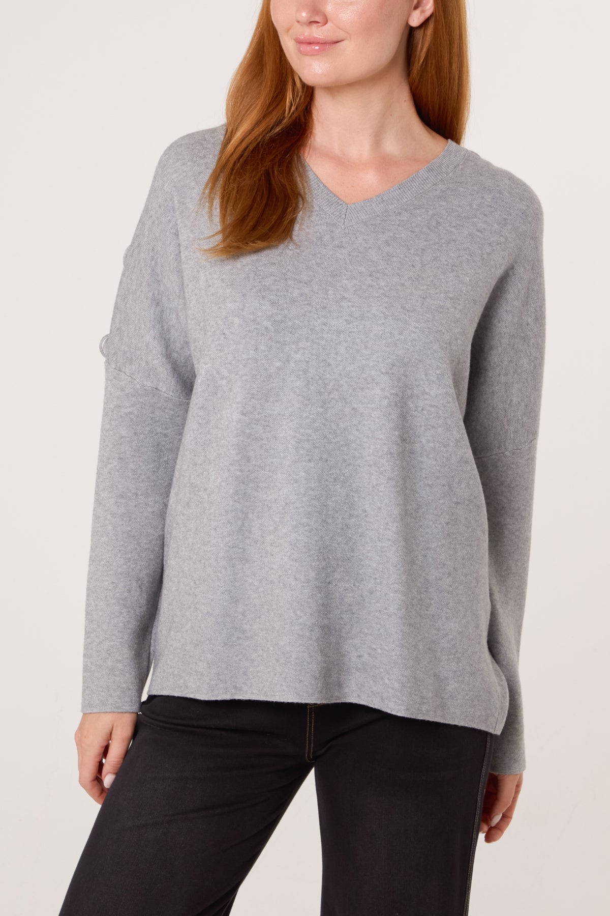 V-Neck Button Sleeve Knit Jumper