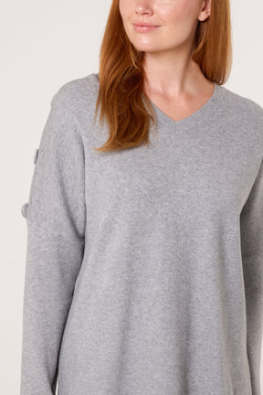 V-Neck Button Sleeve Knit Jumper