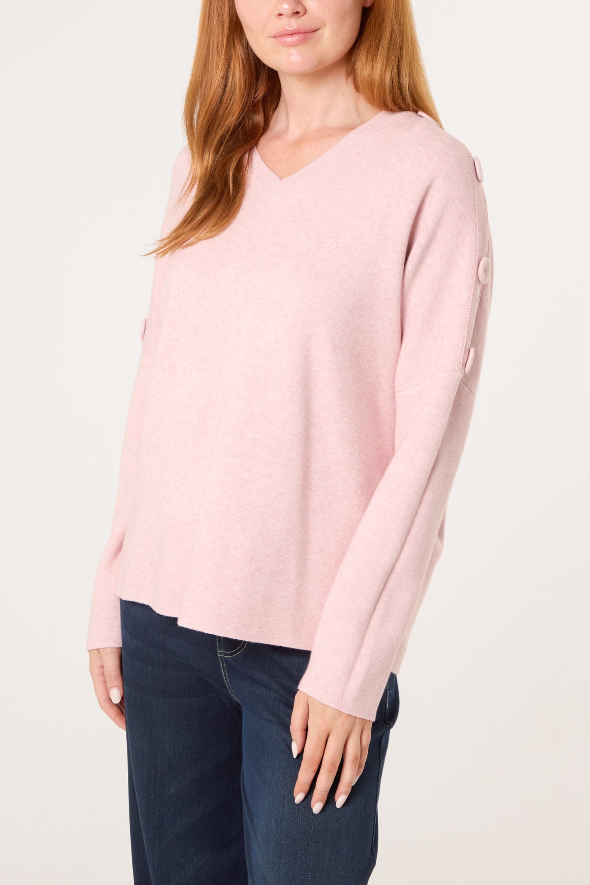 V-Neck Button Sleeve Knit Jumper