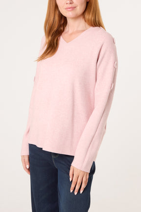 V-Neck Button Sleeve Knit Jumper