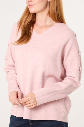 V-Neck Button Sleeve Knit Jumper