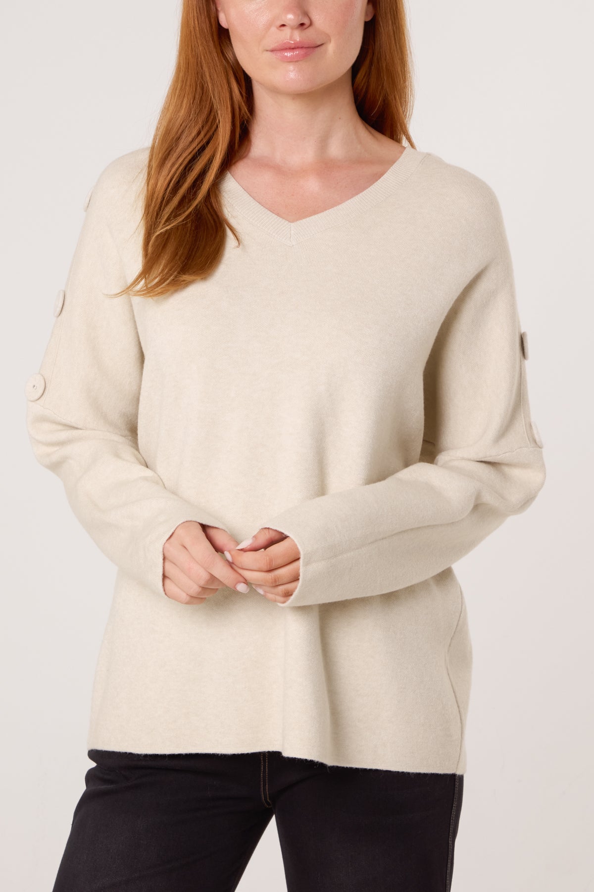 V-Neck Button Sleeve Knit Jumper