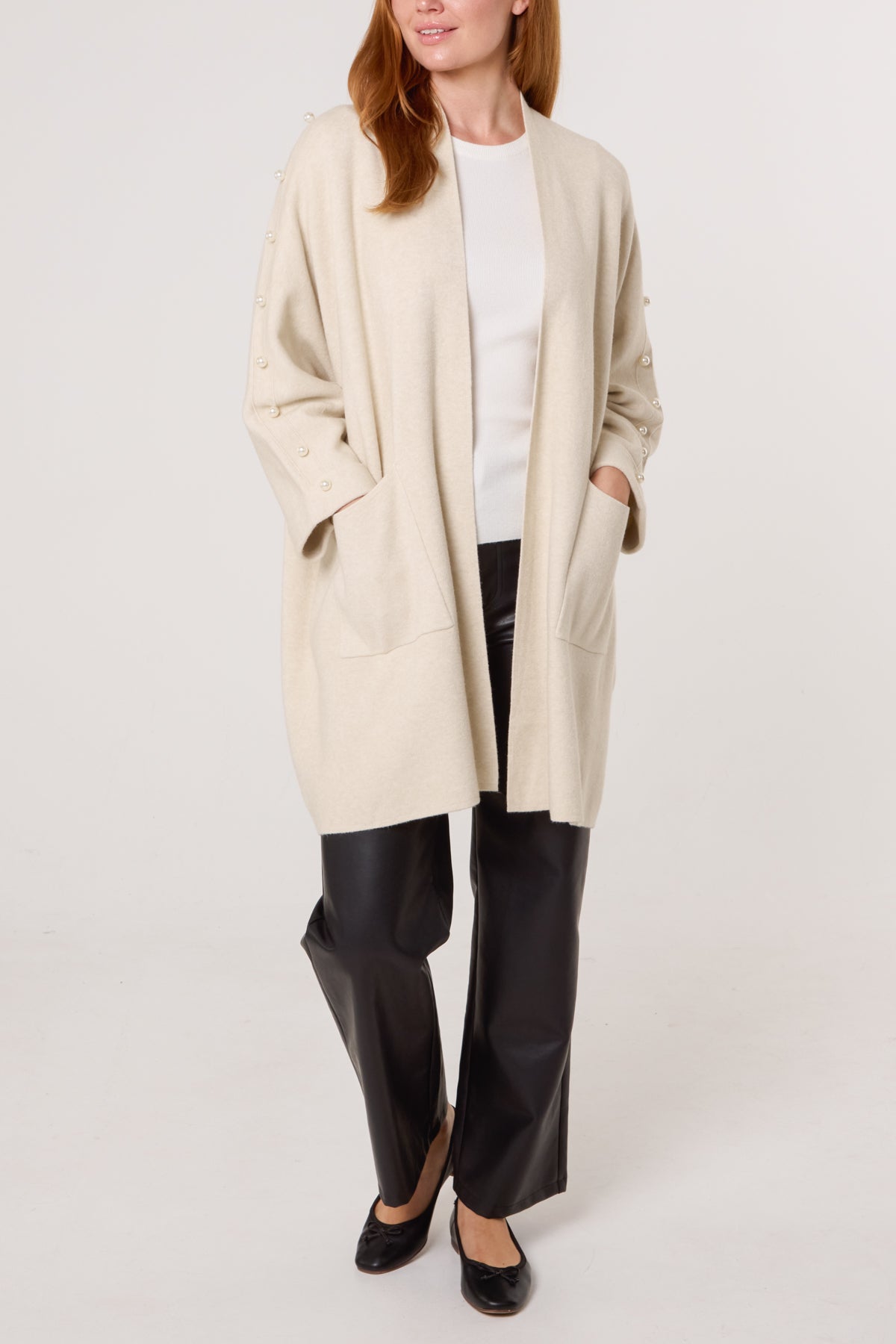 Pearl Sleeve Embellished Open Cardigan