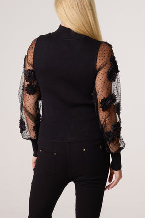 Mesh Flower Sleeve Turtle Neck Jumper