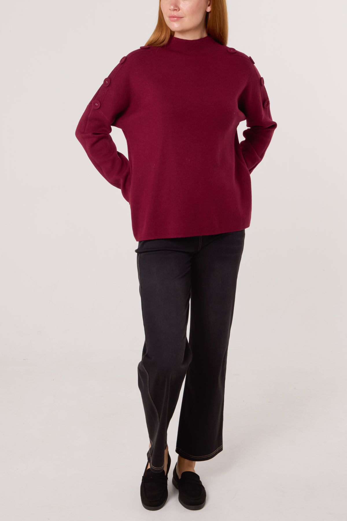 Button Shoulder High Neck Jumper