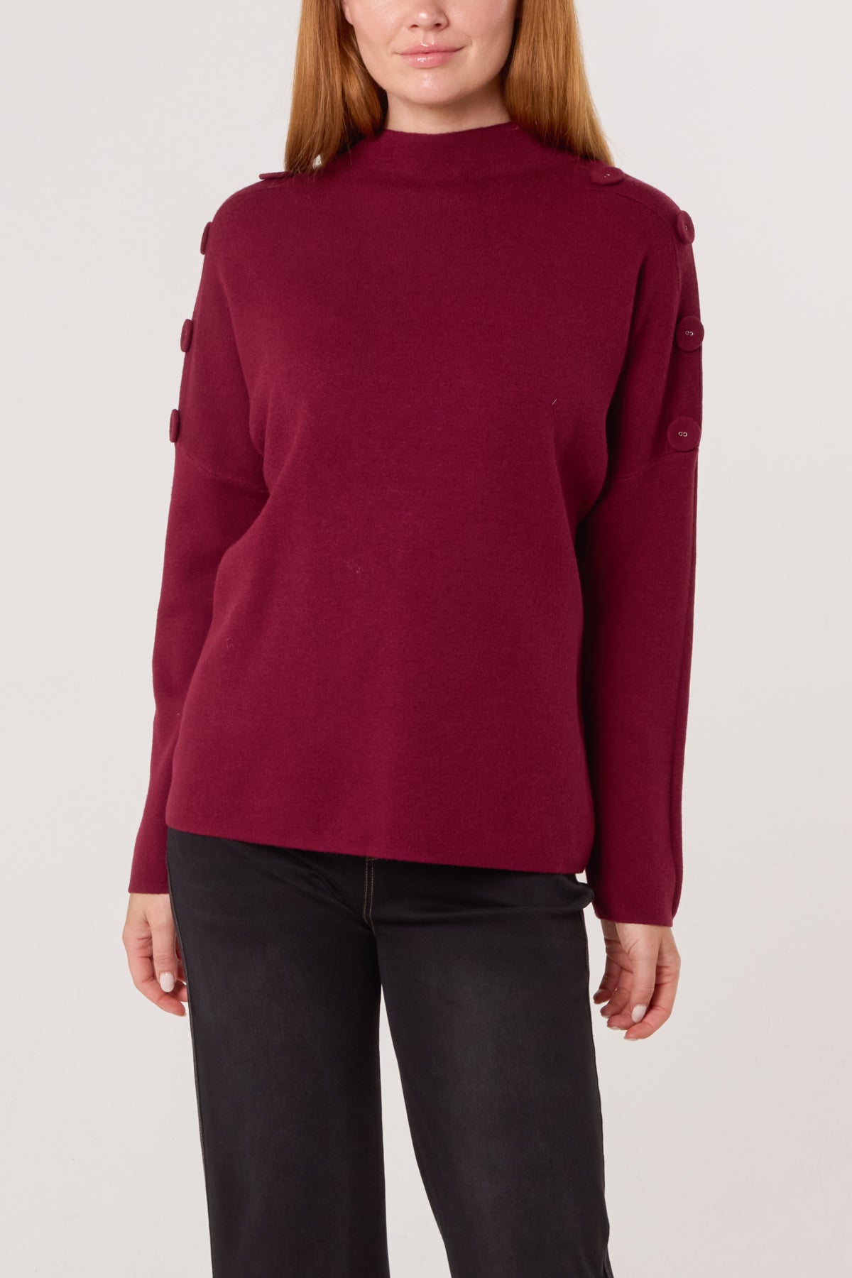 Button Shoulder High Neck Jumper