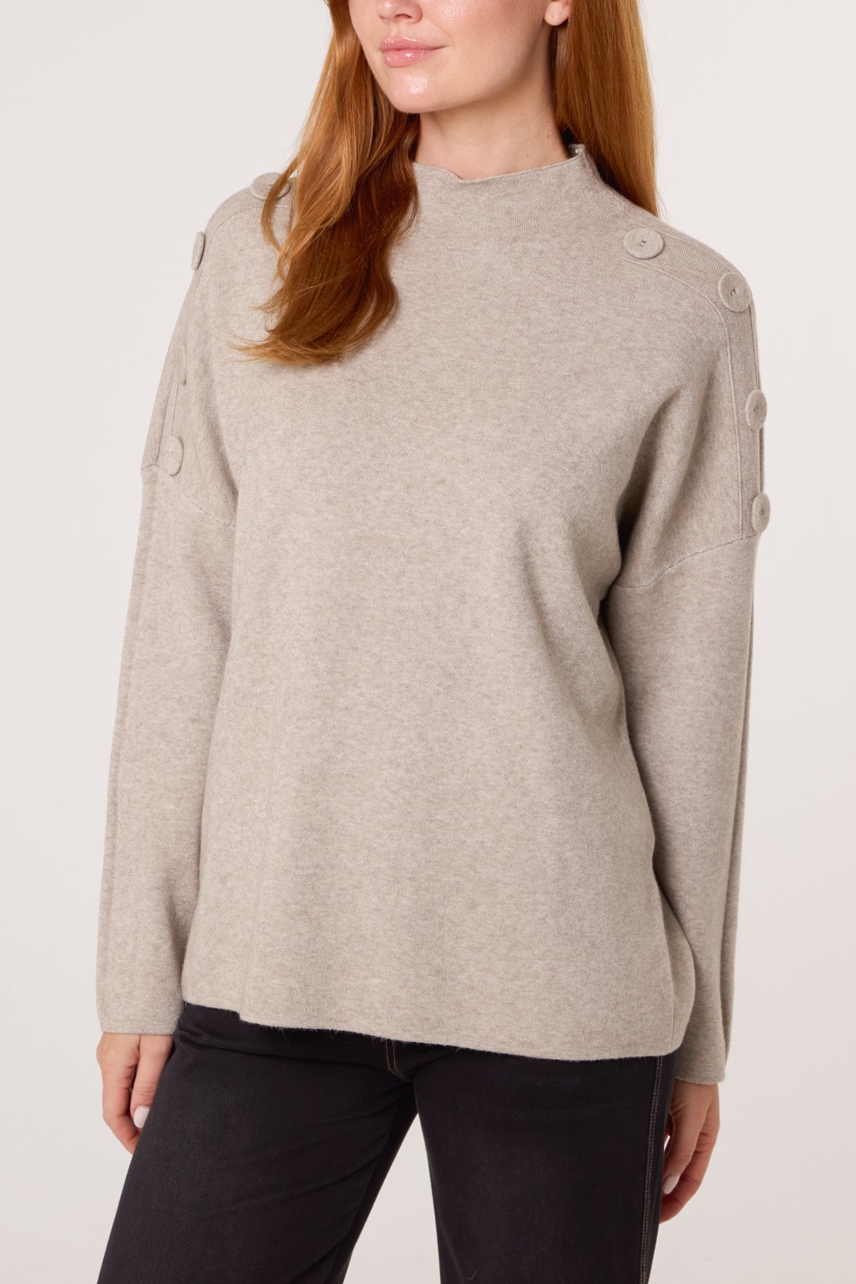 Button Shoulder High Neck Jumper