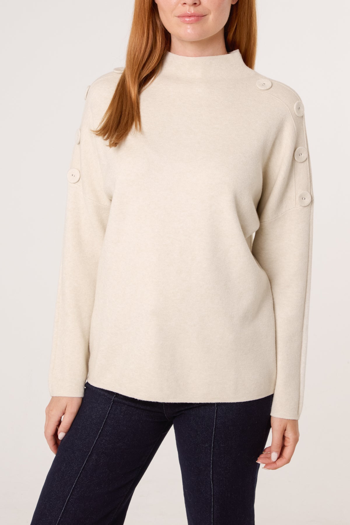 Button Shoulder High Neck Jumper