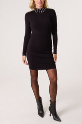 High Diamante Collar Jumper Dress