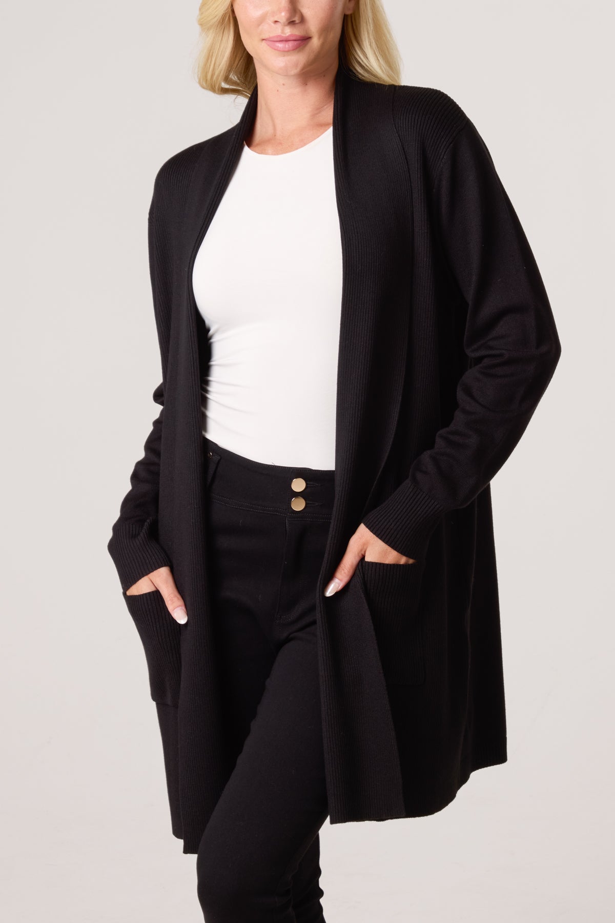 Longline Pockets Ribbed Knit Cardigan