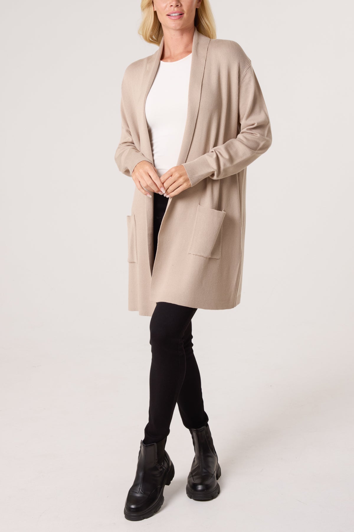 Longline Pockets Ribbed Knit Cardigan