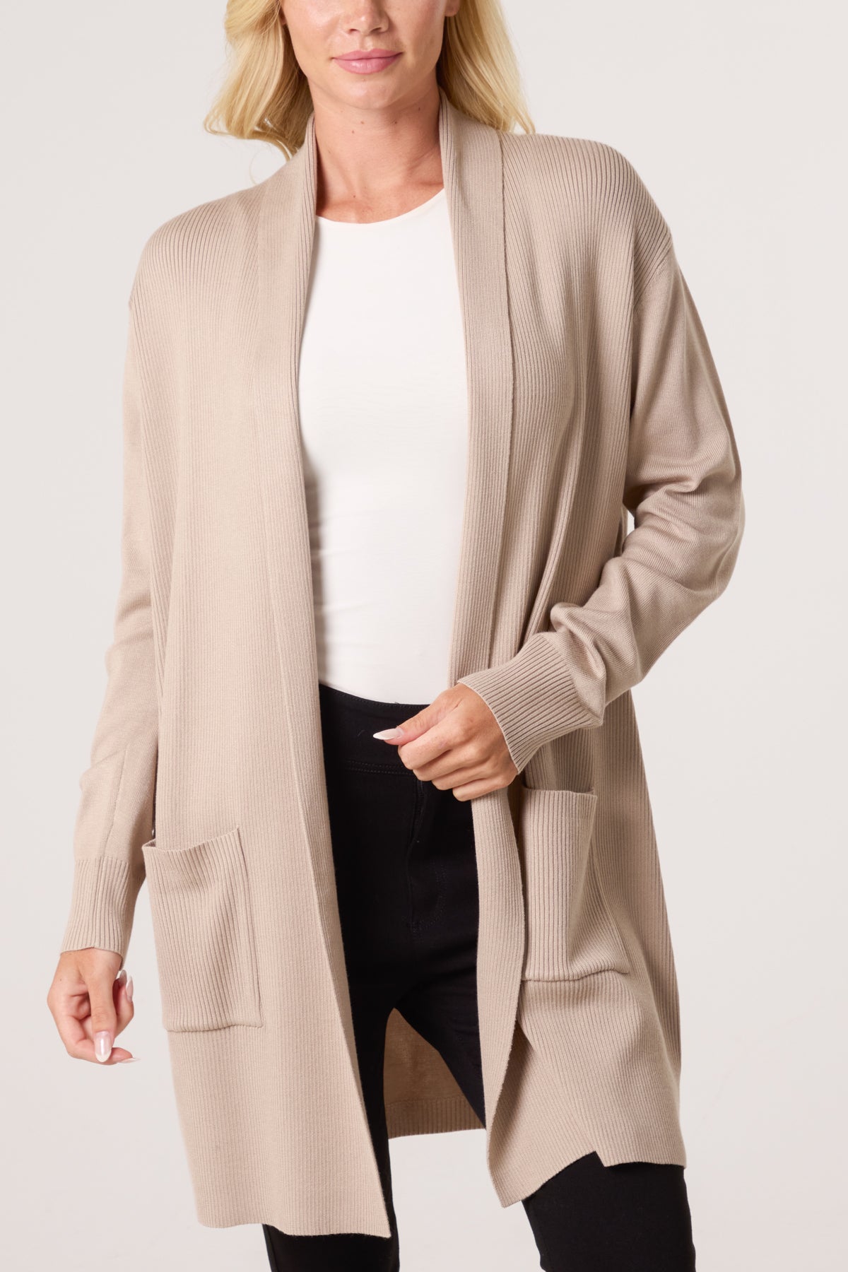 Longline Pockets Ribbed Knit Cardigan