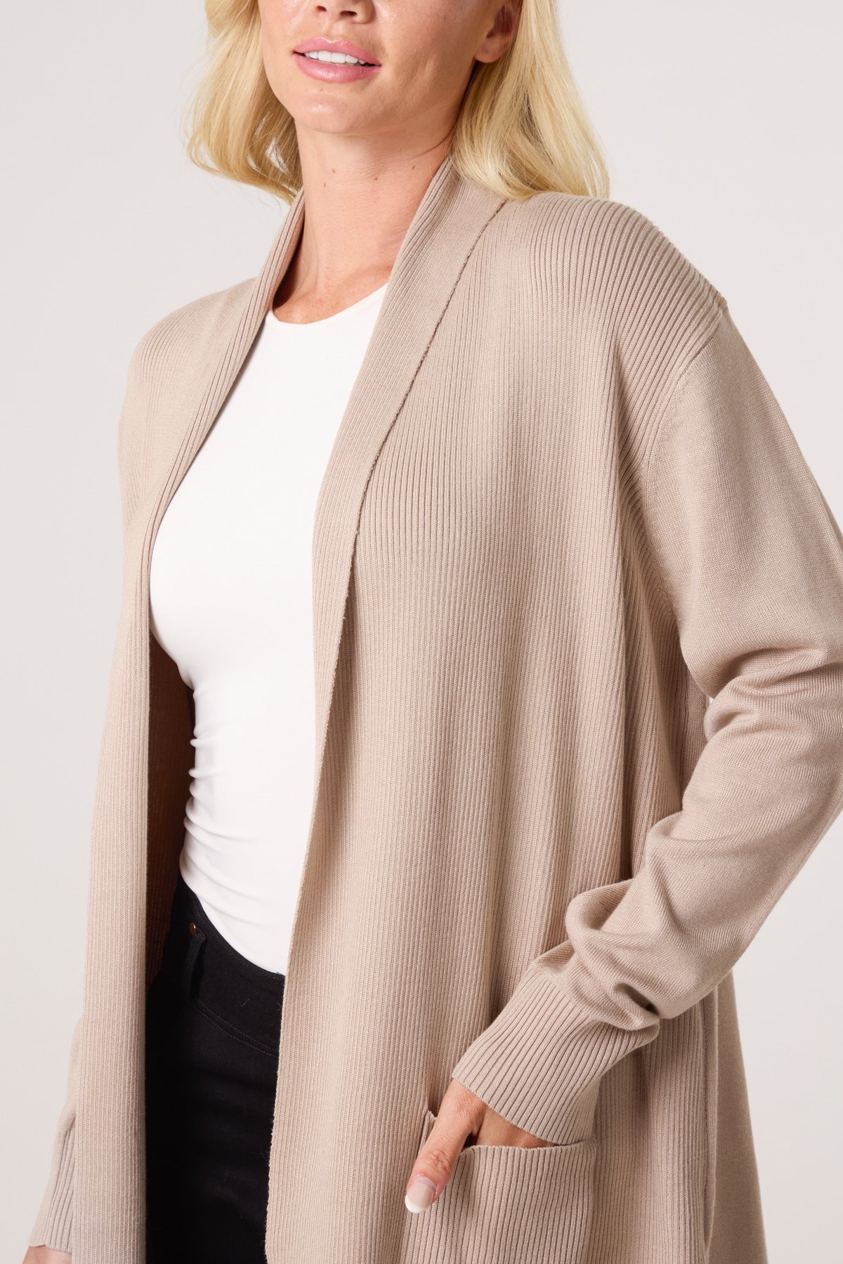 Longline Pockets Ribbed Knit Cardigan