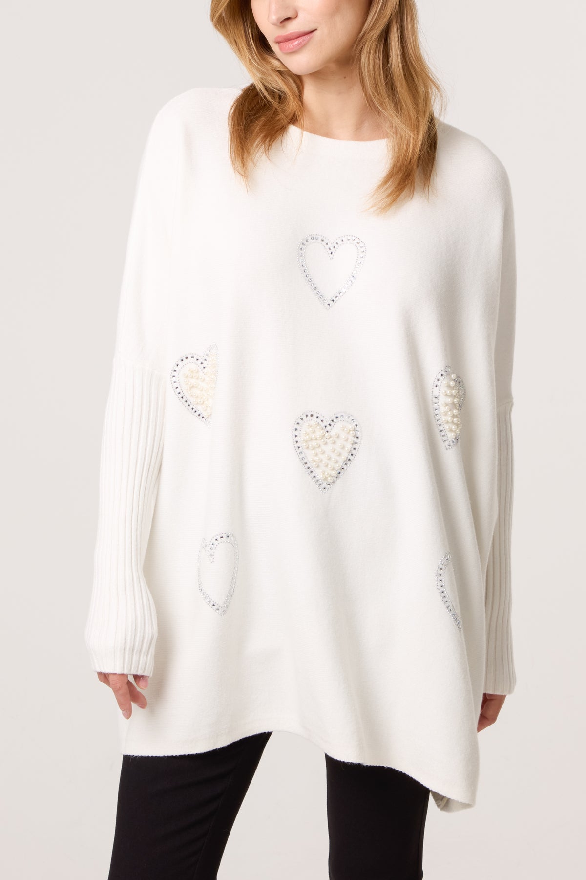 Embellished Hearts Batwing Knit Jumper